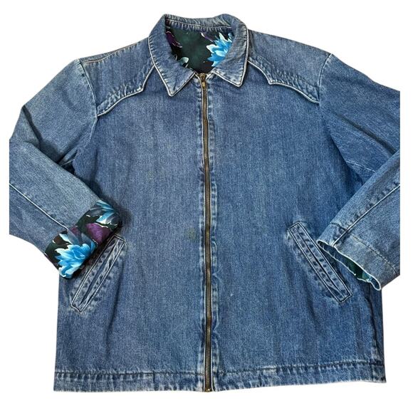 Vintage Denim Blue Jacket with Blue Purple floral lining zip closing size medium - Picture 3 of 14